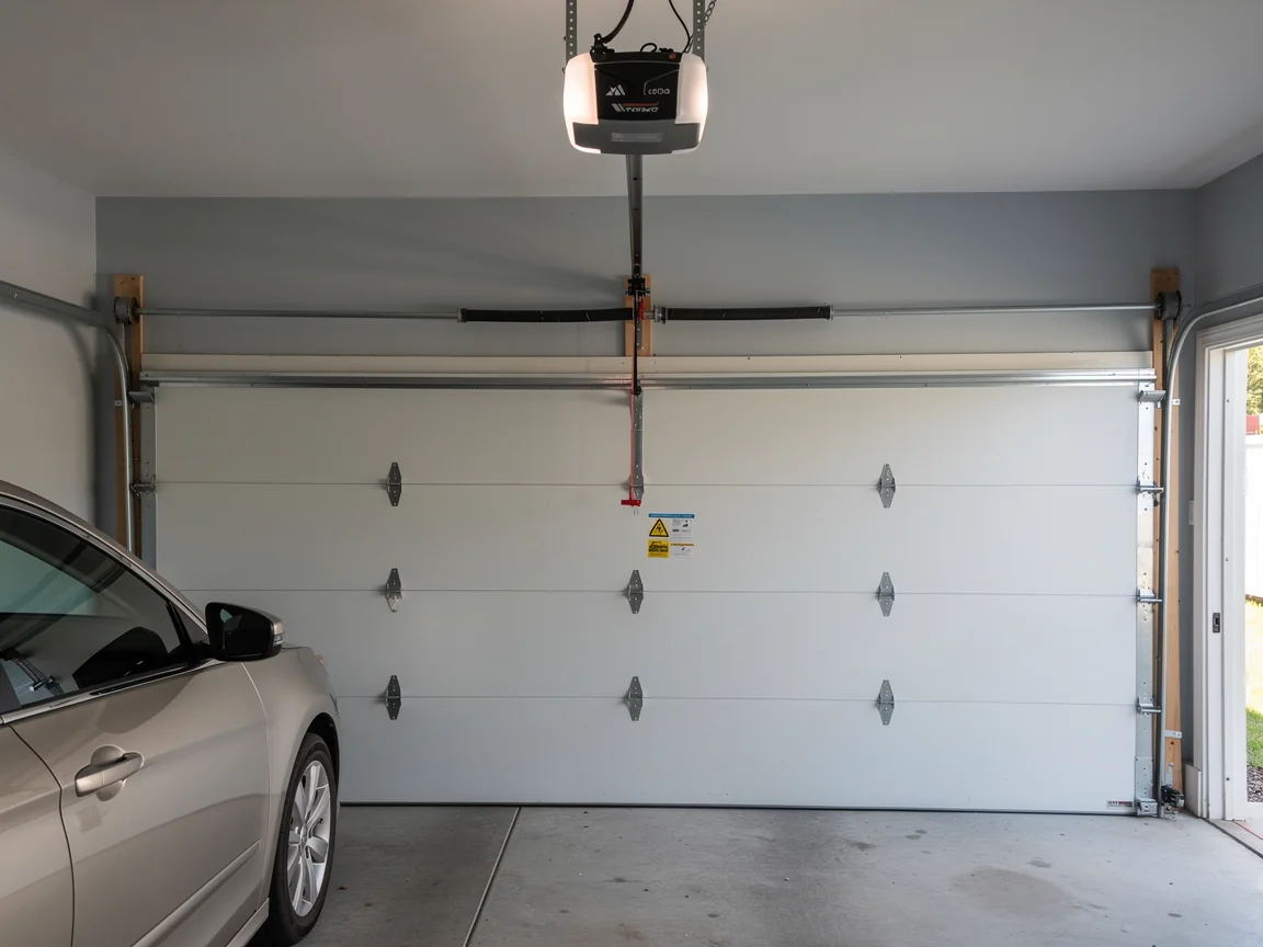 A white garage door is closed with an opener and a torsion spring visible.