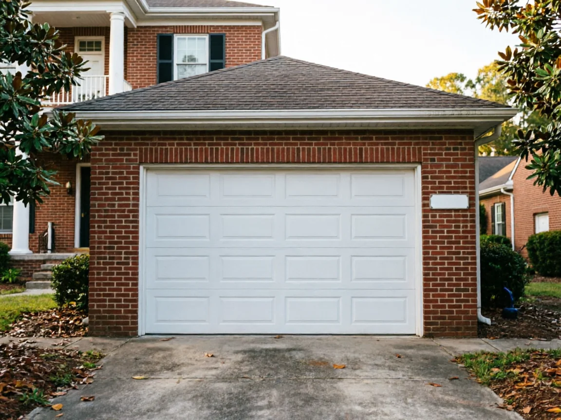 A white paneled garage door is on a brick house with a concrete driveway.